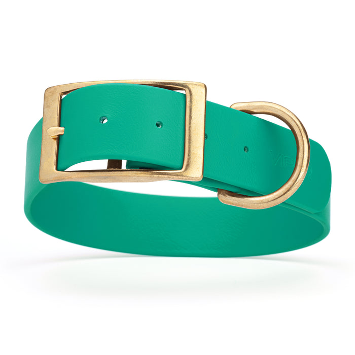 Teal dog collar with brass buckle and D-ring, made from waterproof Biothane, 1.5 in wide, X-large