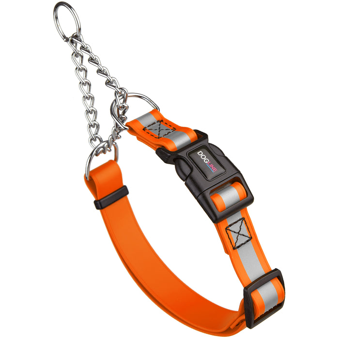 Orange martingale dog collar with reflective strip and quick release buckle, made from waterproof Biothane