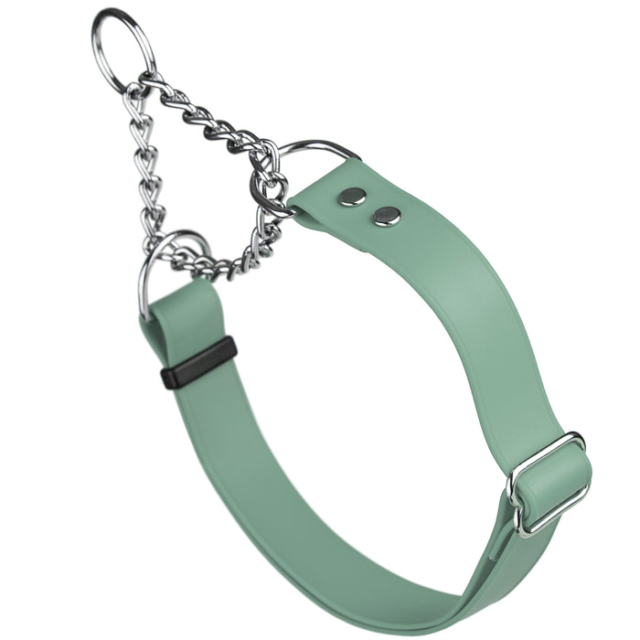 Sage Green adjustable martingale dog collar with Herm Sprenger assembly chain, made from waterproof Biothane