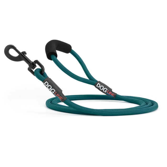6 feet teal nylon dog leash with neoprene padded handle and black snap hook