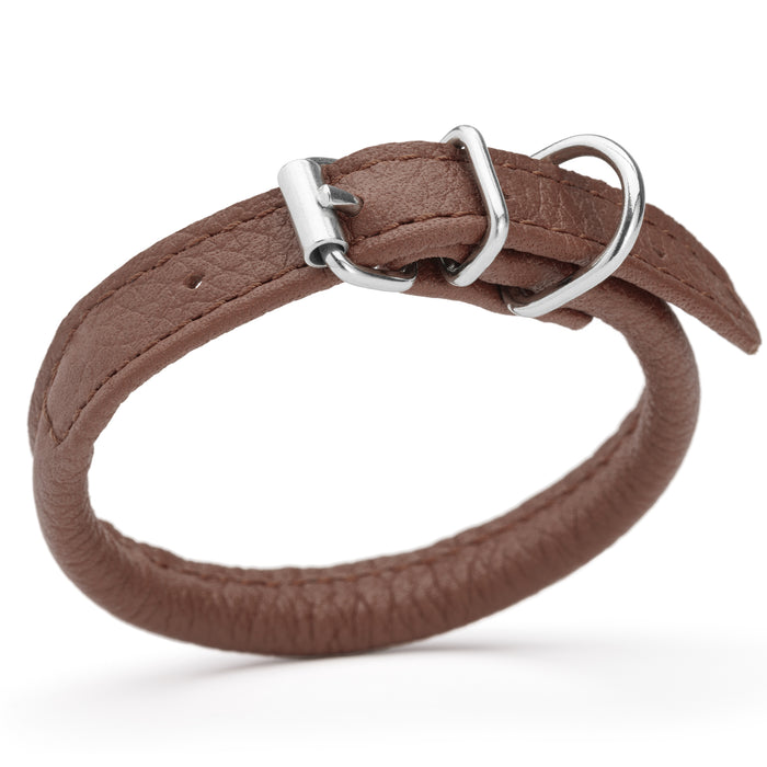 Brown leather dog collar with metal buckle, size 3XS to 2XS