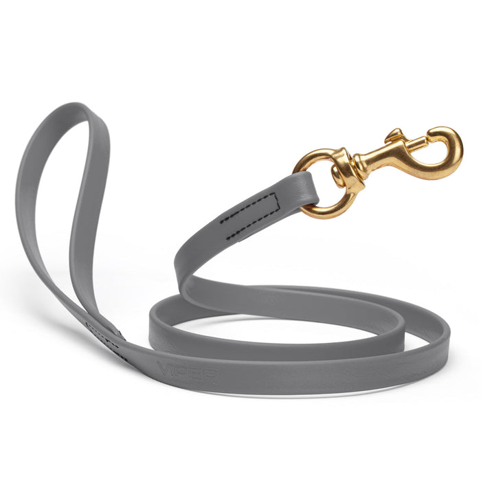 Battleship Gray dog leash with brass snap hook, made from waterproof Biothane, 5/8 or 3/4 inches wide