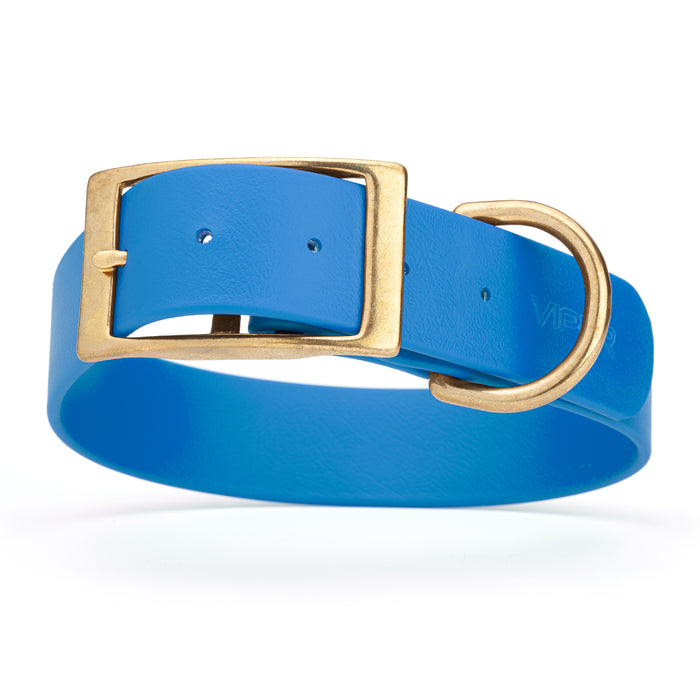 Cerulean Blue dog collar with brass buckle and D-ring, made from waterproof Biothane, 1.5 in wide, X-large