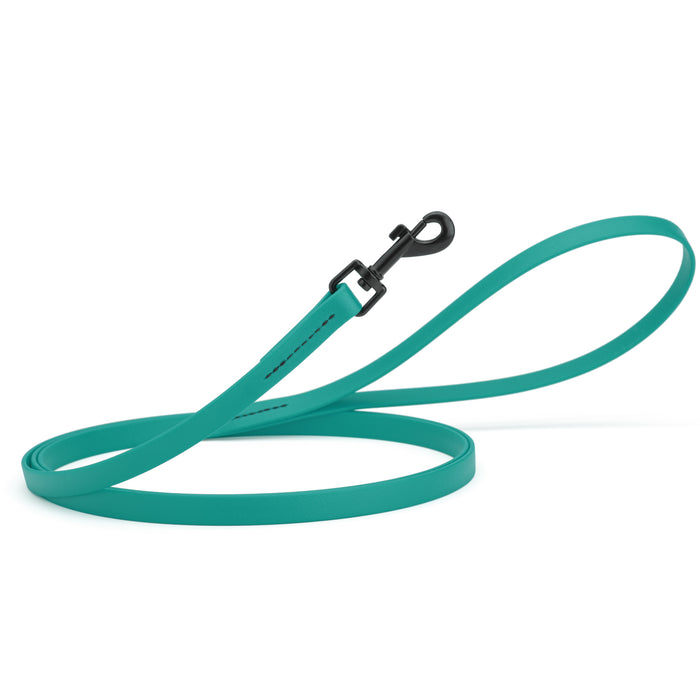 Aqua blue dog leash with black snap hook, made from waterproof Biothane, 1/2 inches wide