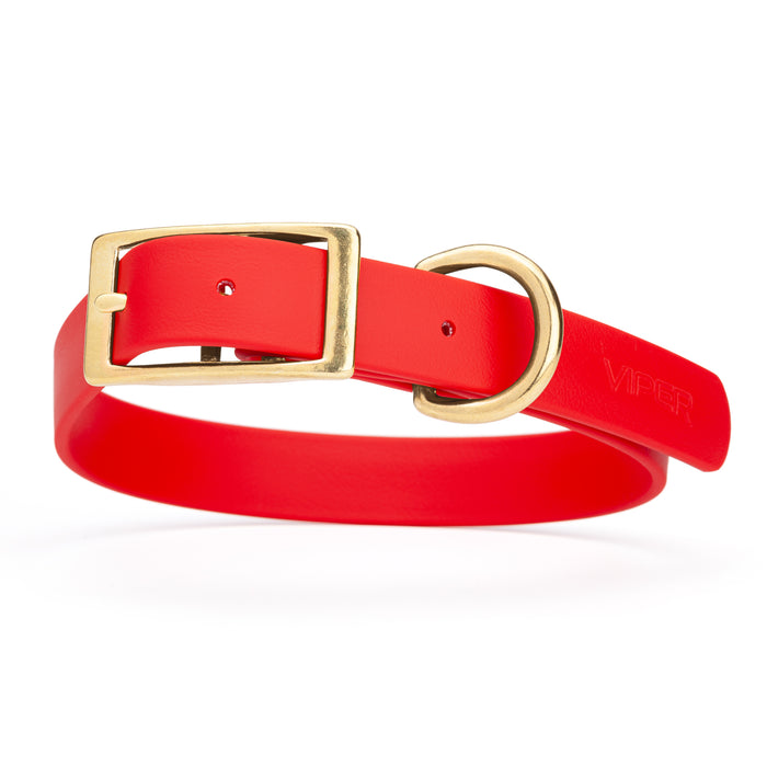 Cherry red dog collar with brass buckle and D-ring, made from waterproof Biothane, X-large