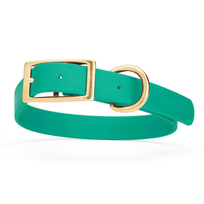 Teal dog collar with brass buckle and D-ring, made from waterproof Biothane, X-large
