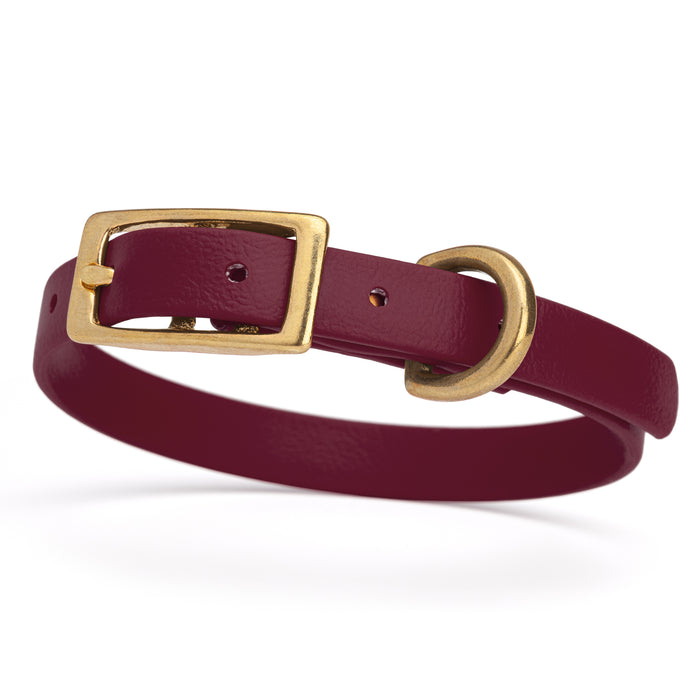 Merlot Burgundy dog collar with brass buckle and D-ring, made from waterproof Biothane,  x-small