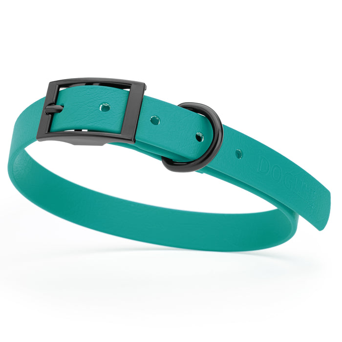 Blue Aqua dog collar with black hardware, made from waterproof Biothane, medium