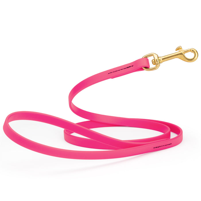 Passionfruit Pink dog leash with brass snap hook, made from waterproof Biothane, 1/2 inches wide