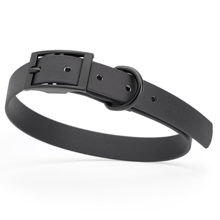 Black dog collar with black hardware, made from waterproof Biothane, medium