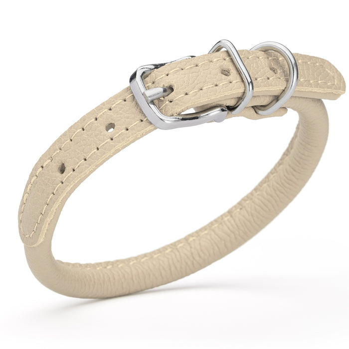 Beige leather dog collar with metal buckle, size XS to S