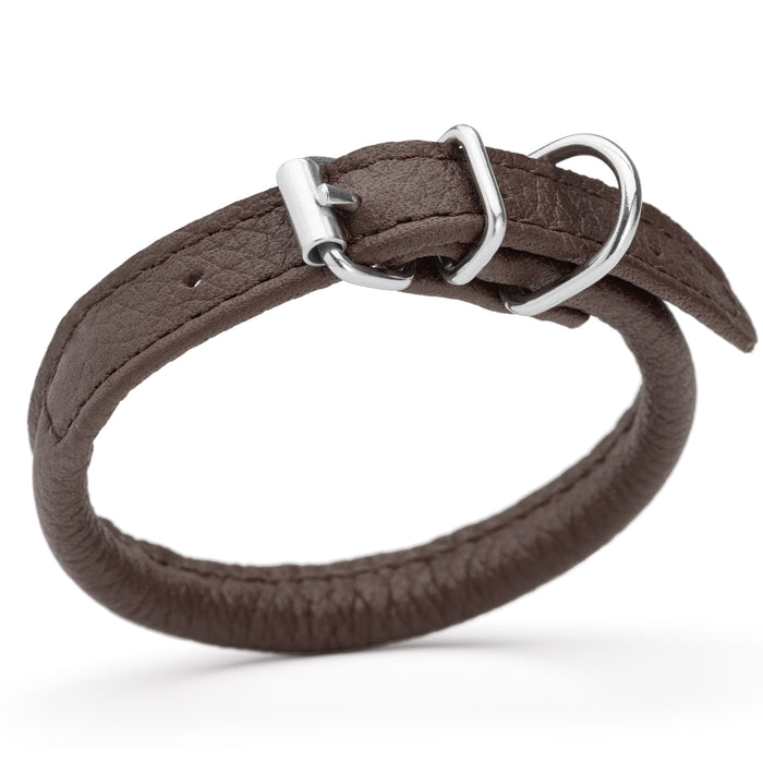 Dark brown leather dog collar with metal buckle, size 3XS to 2XS