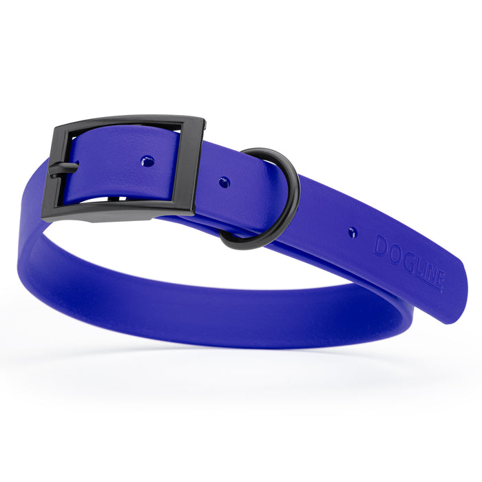 Blueberry dog collar with black hardware, made from waterproof Biothane, large