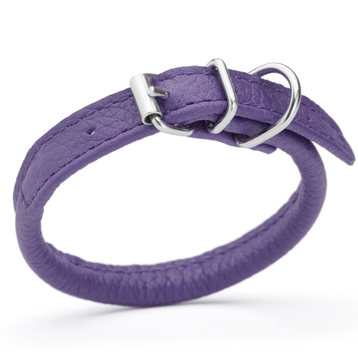 Purple leather dog collar with metal buckle, size 3XS to 2XS