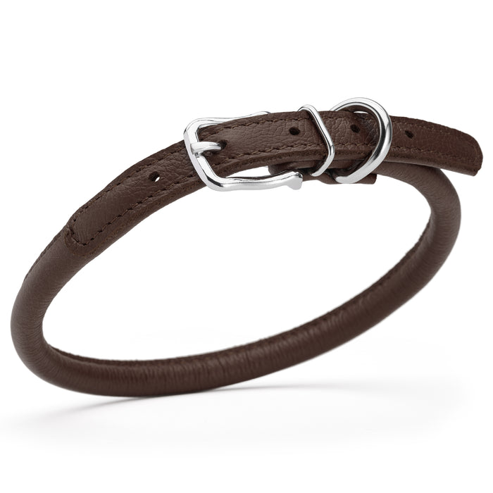 Dark brown leather dog collar with metal buckle, size M
