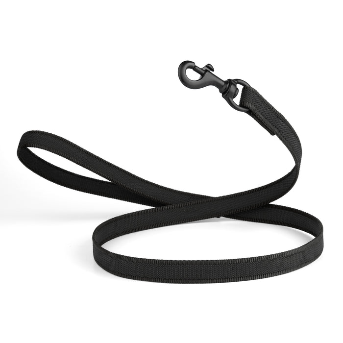 Black rubberized nylon dog leash with handle and black snap hook, 4 feet long