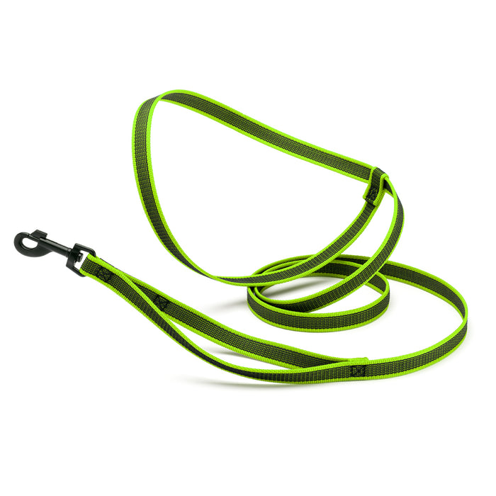 Green rubberized nylon dog leash with traffic handle and adjustable hands-free handle, black hardware
