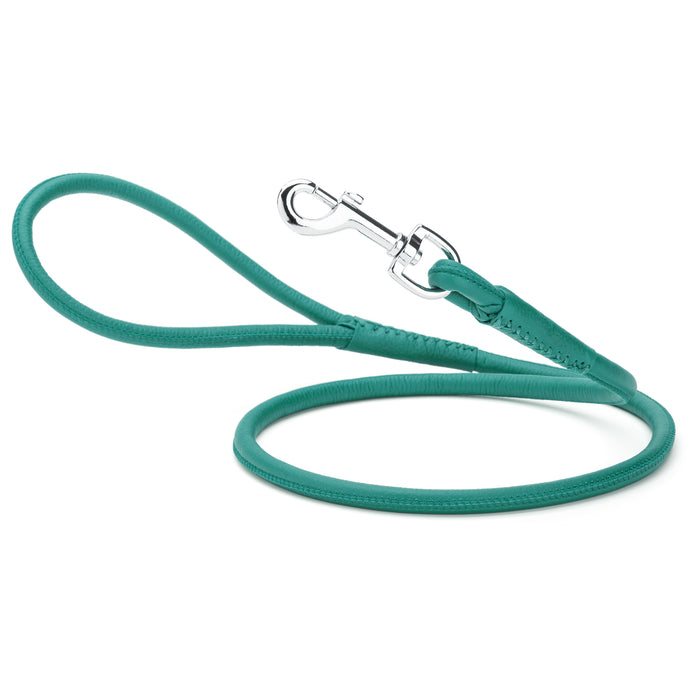 Teal leather dog lead with metal snap hook, 1/4- or 3/8-inch wide