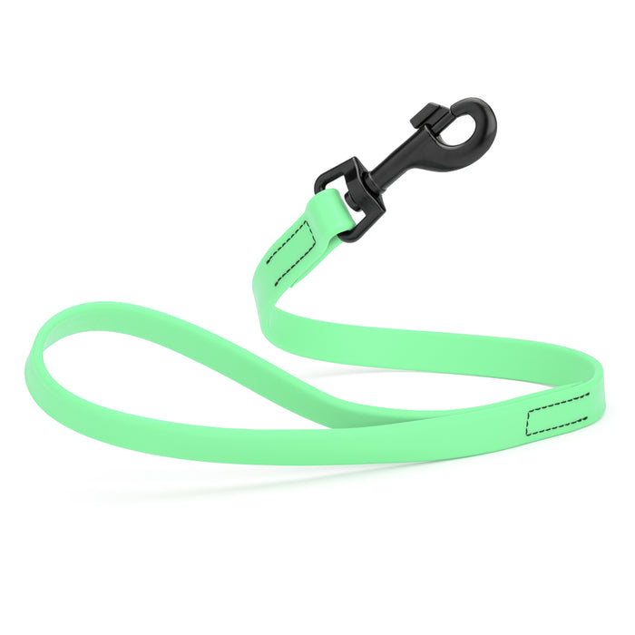 Sea Foam Green 2 ft short dog leash with black snap hook, made from waterproof Biothane, 3/4 inches wide
