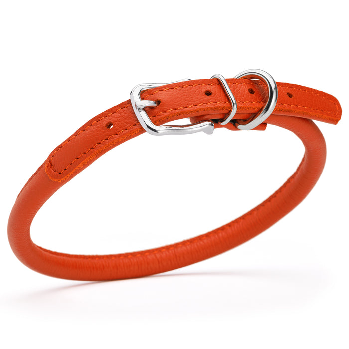 Orange leather dog collar with metal buckle, size M