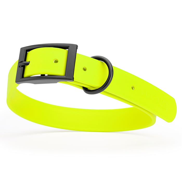 Safety Yellow dog collar with black hardware, made from waterproof Biothane, large