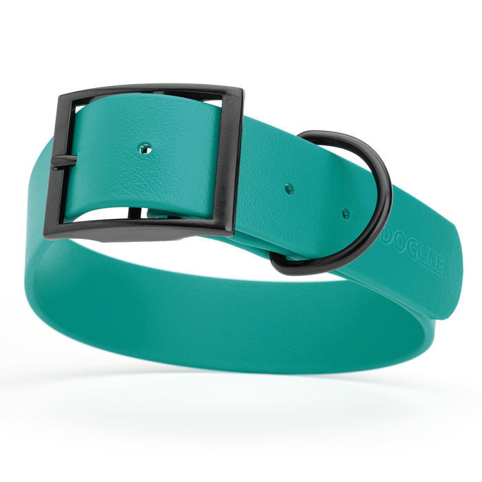 Blue Aqua dog collar with black hardware, made from waterproof Biothane, X-large, 1.5 inches wide