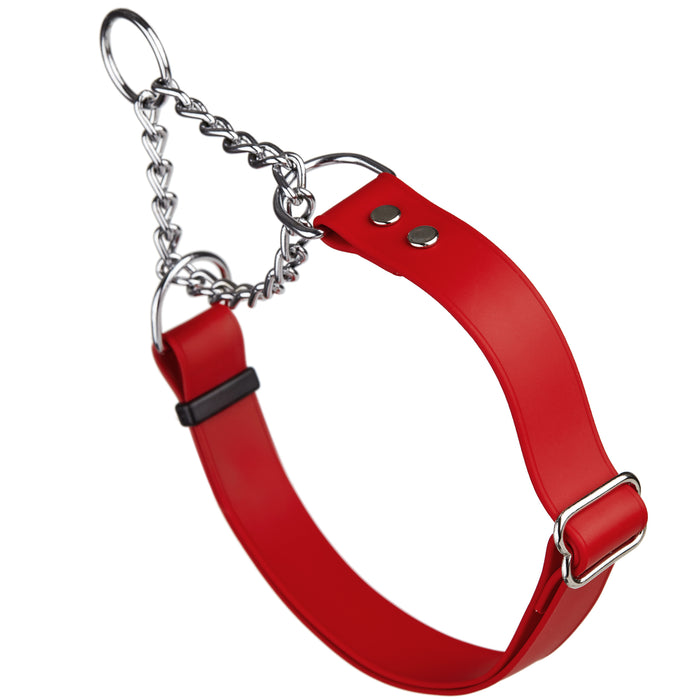 Cherry red adjustable martingale dog collar with Herm Sprenger assembly chain, made from waterproof Biothane