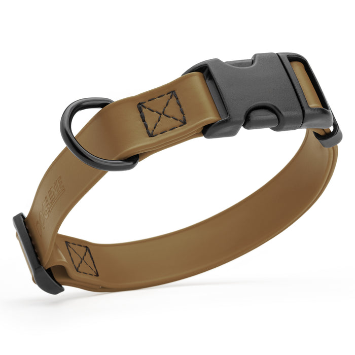 Coyote Brown dog collar with quick release buckle, made from waterproof Biothane, 5/8-inch wide