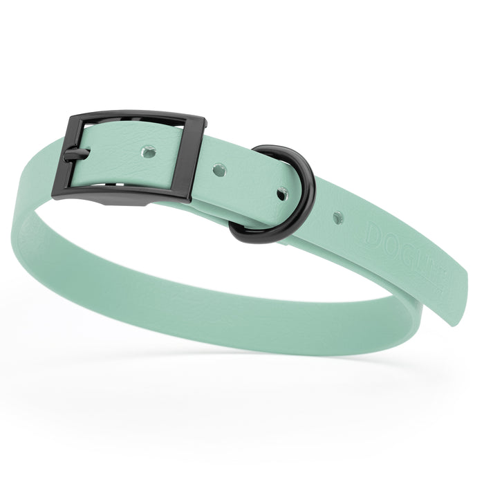 Sage Green dog collar with black hardware, made from waterproof Biothane, medium