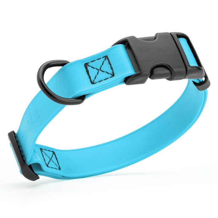 Sky Blue dog collar with quick release buckle, made from waterproof Biothane, 5/8-inch wide