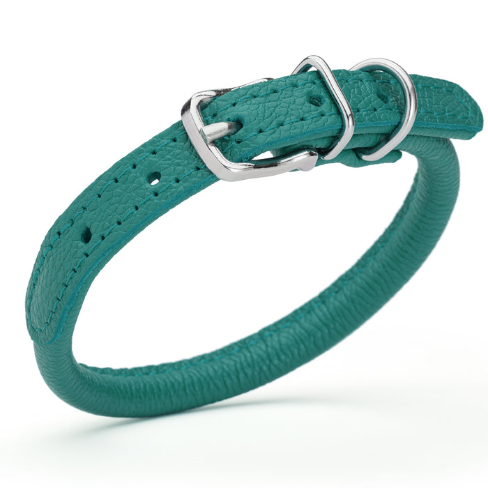 Teal leather dog collar with metal buckle, size XS to S