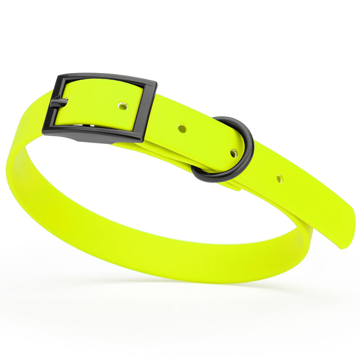 Safety Yellow dog collar with black hardware, made from waterproof Biothane, small