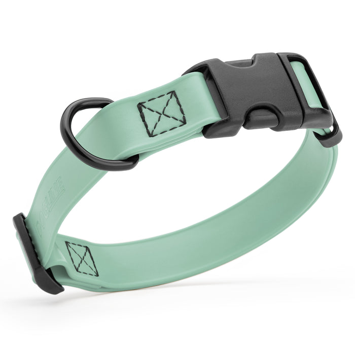 Sage Green dog collar with quick release buckle, made from waterproof Biothane, 5/8-inch wide