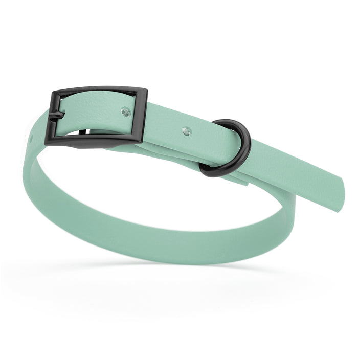 Sage Green dog collar with black hardware, made from waterproof Biothane