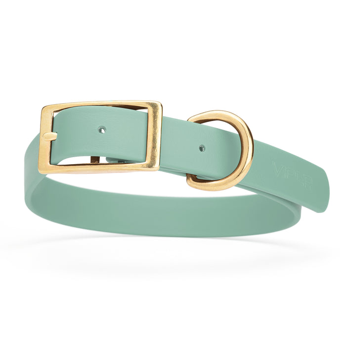 Sage Green dog collar with brass buckle and D-ring, made from waterproof Biothane, X-large