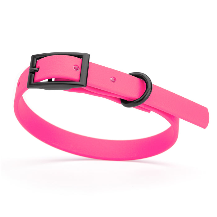 Passionfruit Pink dog collar with black hardware, made from waterproof Biothane