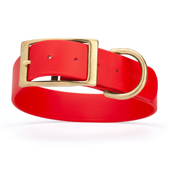 Cherry red dog collar with brass buckle and D-ring, made from waterproof Biothane, 1.5 in wide, X-large