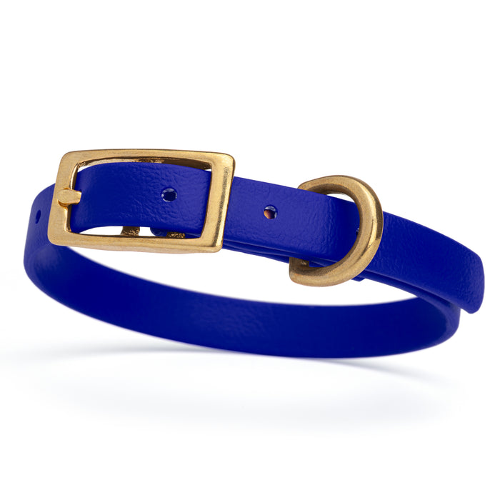 Blueberry dog collar with brass buckle and D-ring, made from waterproof Biothane,  x-small