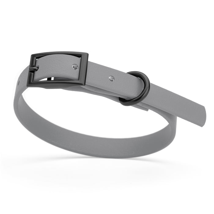 Battleship Gray dog collar with black hardware, made from waterproof Biothane