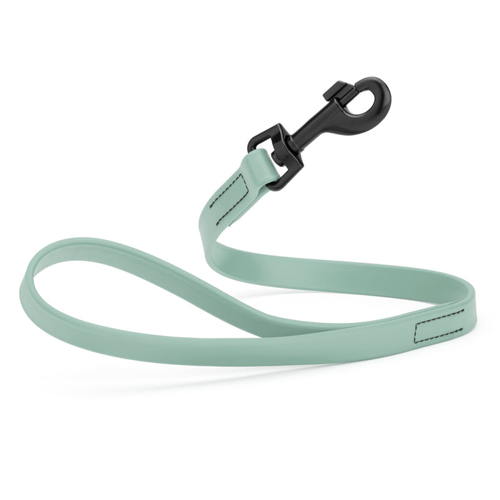 Sage Green 2 ft short dog leash with black snap hook, made from waterproof Biothane, 3/4 inches wide