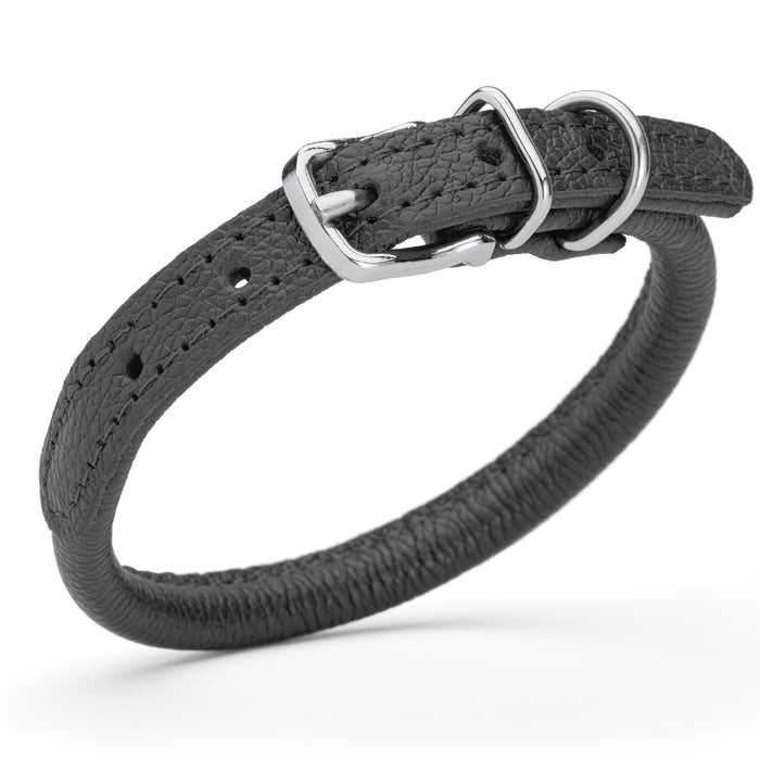 Black leather dog collar with metal buckle, size XS to S