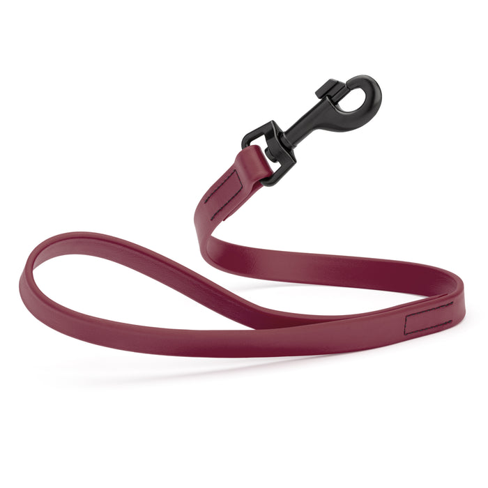 Merlot Burgundy 2 ft short dog leash with black snap hook, made from waterproof Biothane, 3/4 inches wide