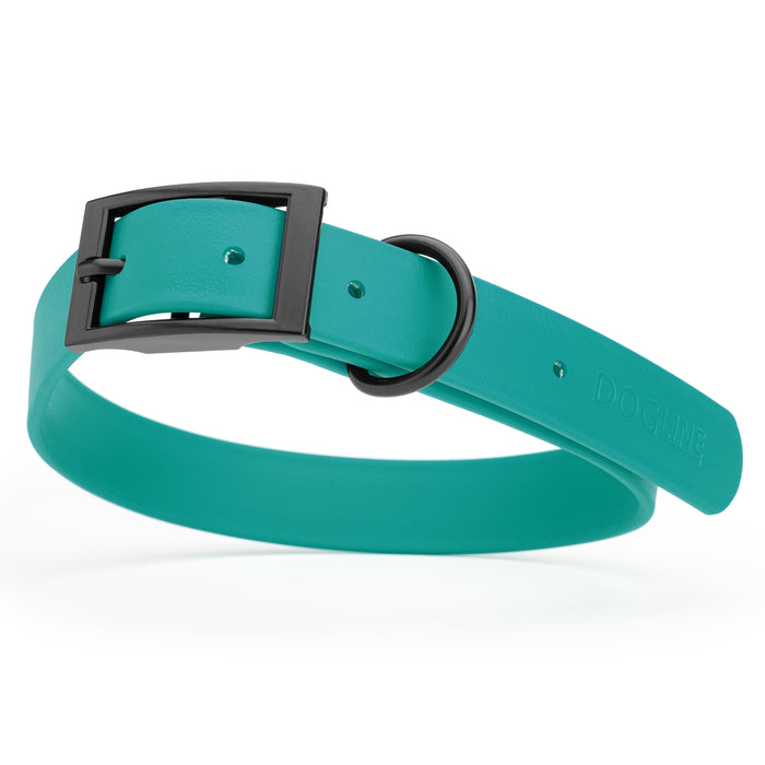 Blue Aqua dog collar with black hardware, made from waterproof Biothane, large