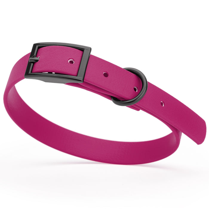 Magenta Pink dog collar with black hardware, made from waterproof Biothane, small