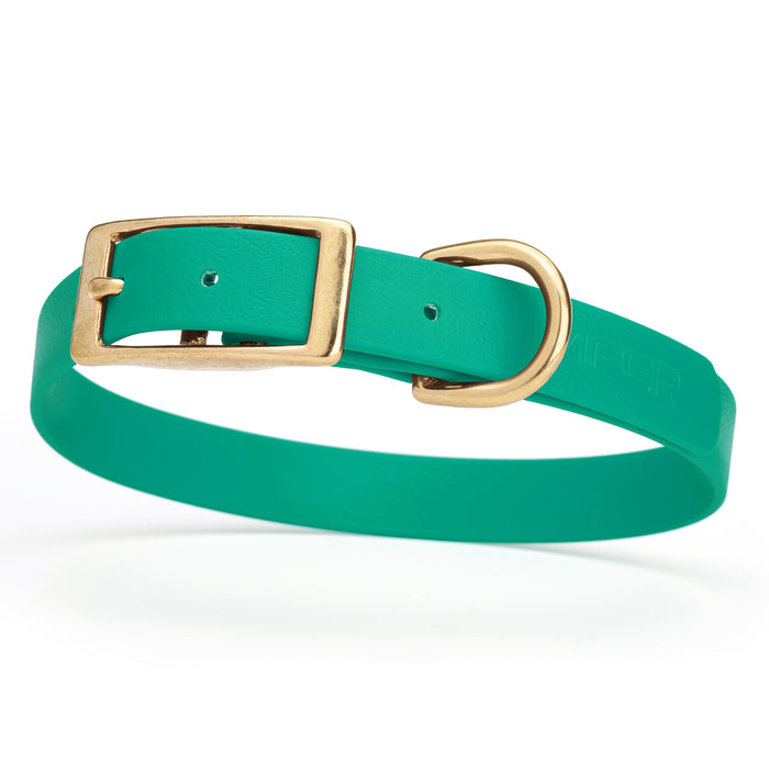 Teal dog collar with brass buckle and D-ring, made from waterproof Biothane, medium