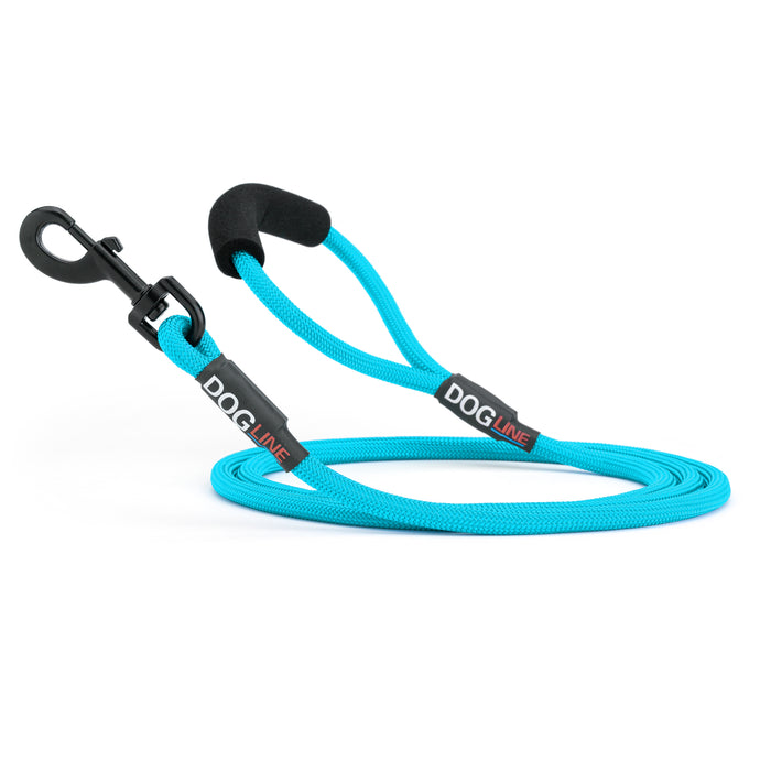 6 feet blue nylon dog leash with neoprene padded handle and black snap hook
