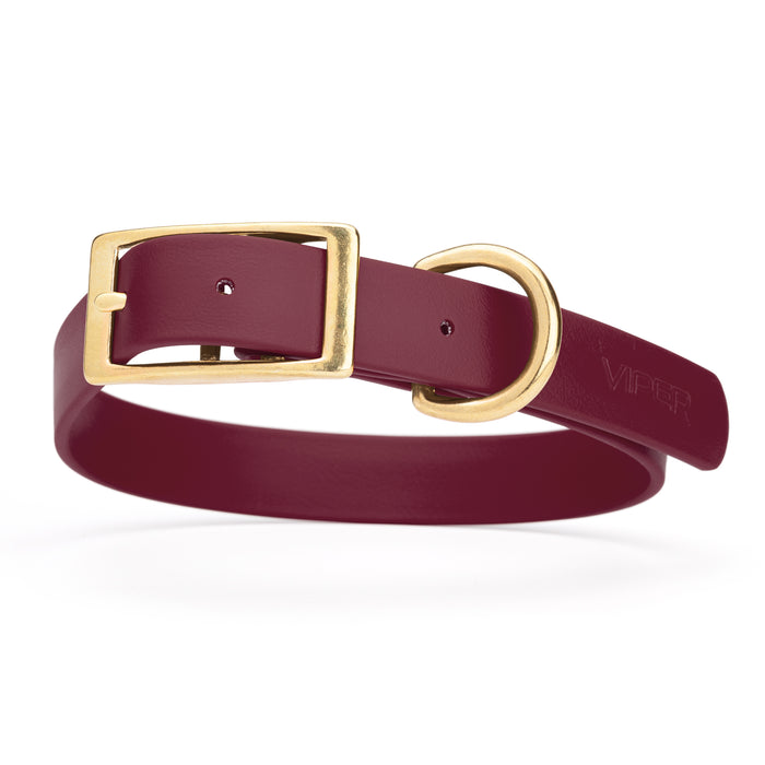 Merlot Burgundy dog collar with brass buckle and D-ring, made from waterproof Biothane, X-large