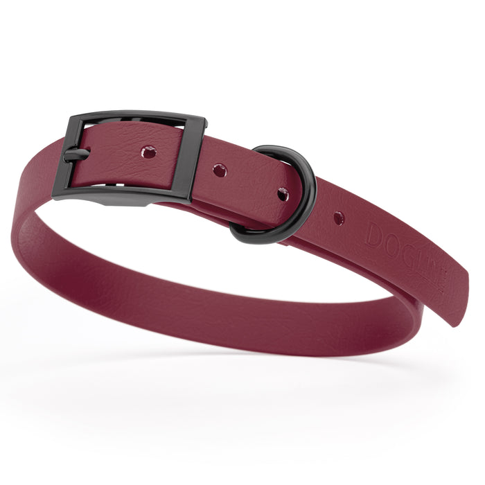 Merlot Burgundy dog collar with black hardware, made from waterproof Biothane, medium