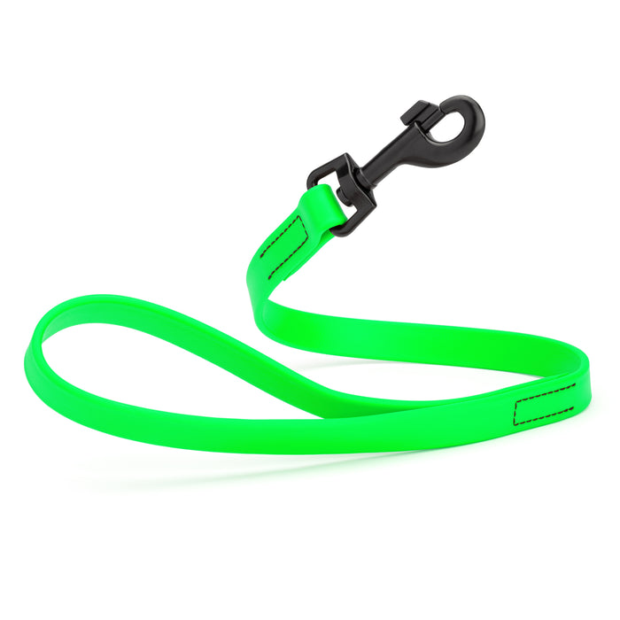 Tropical Green 2 ft short dog leash with black snap hook, made from waterproof Biothane, 3/4 inches wide