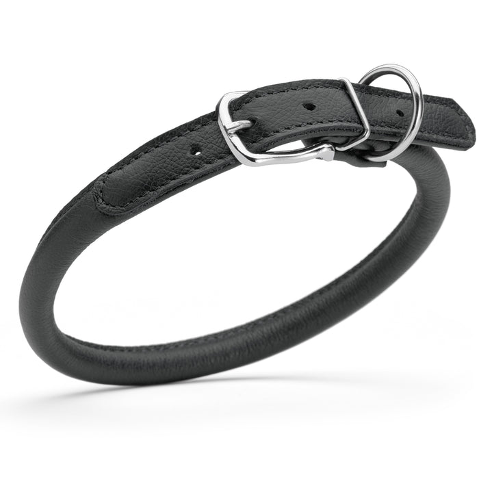 Black leather dog collar with metal buckle, size L to XL